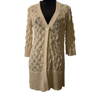 Intuitions M Crochet Woven Sweater Cardigan Knee Length Hippie Festival White